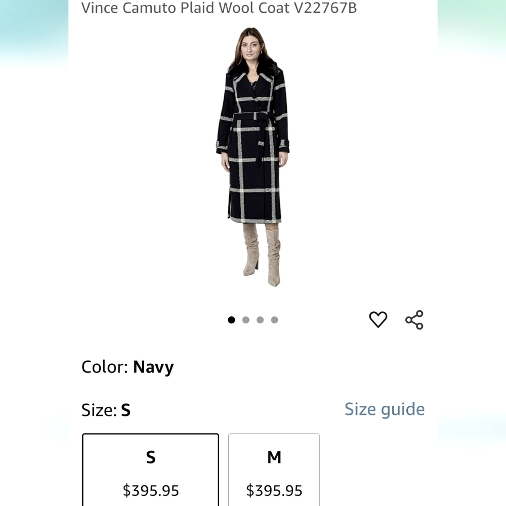 Brand New Vince Camuto Wool Belted Navy White Plaid Trench Coat Fur LARGE FUR - Picture 15 of 17